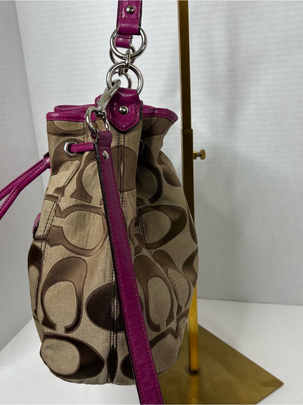 Coach Daisy Brown Signature Drawstring Shoulder/Crossbody Bag with Pink Trim - Picture 6 of 12